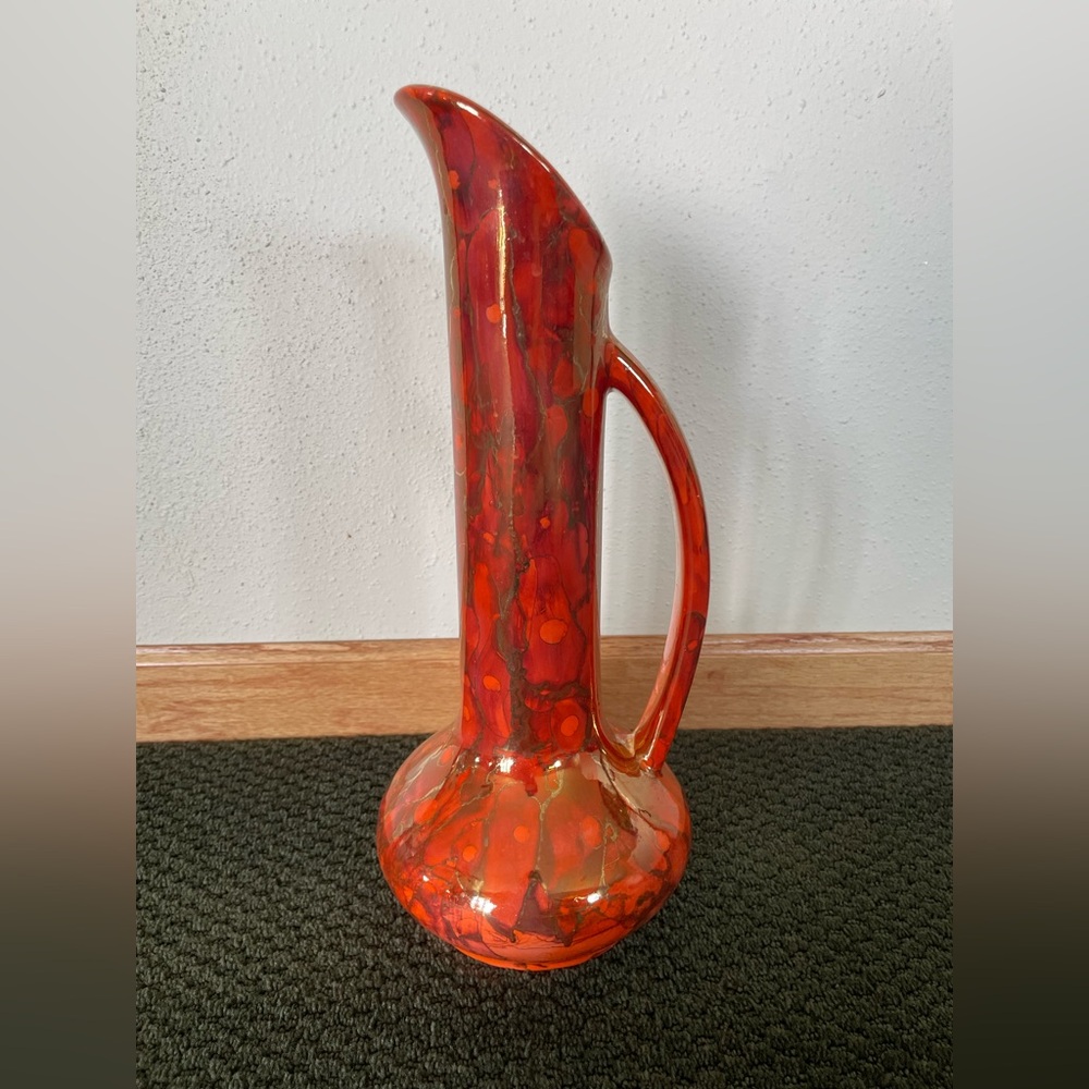 Vintage Large 15.25” tall Ceramic Orange & Black Lava Drip Ewer Pitcher Vase